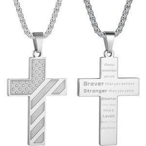 Silver American Flag Cross Necklace for Men Stainless Steel Box Chain 22+2 inch